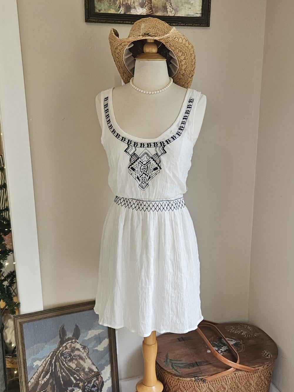 bailey blue White Tank Dress with Navy Embroidery